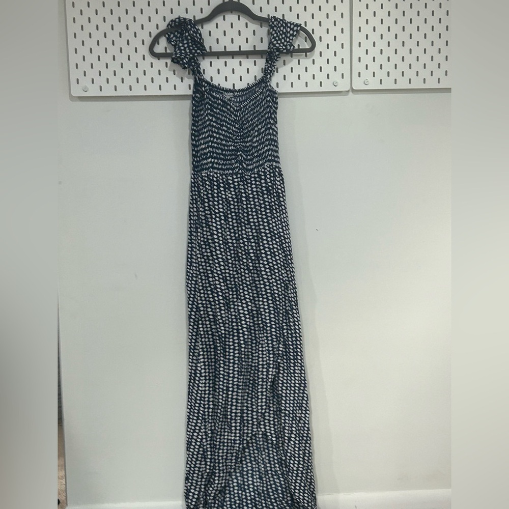 Tiare Hawaii Navy & White Printed Maxi Dress with Tie Straps